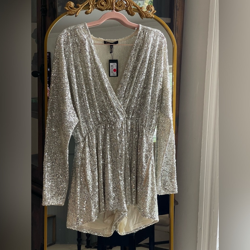 Maje NWT Silver Sequin Long Sleeve Romper - Picture 4 of 16